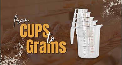 From cups to grams text beside cooking measurement equipment