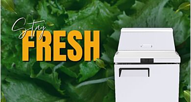 Refrigerated prep table with stay fresh text