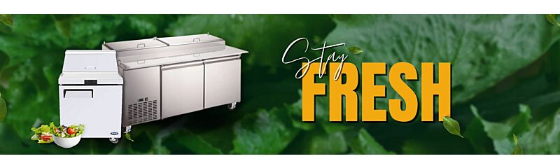 Refrigerated prep table with stay fresh text