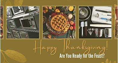 photo of microwaves, a pie, and baking equipment with text that reads happy thanksgiving are you ready for the feast?