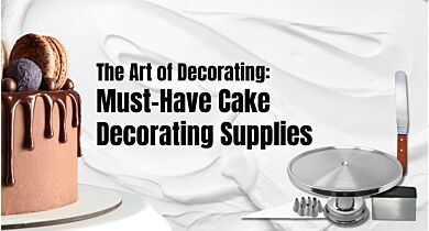 A cake beside text that reads the art of decorating: must-have cake decorating supplies