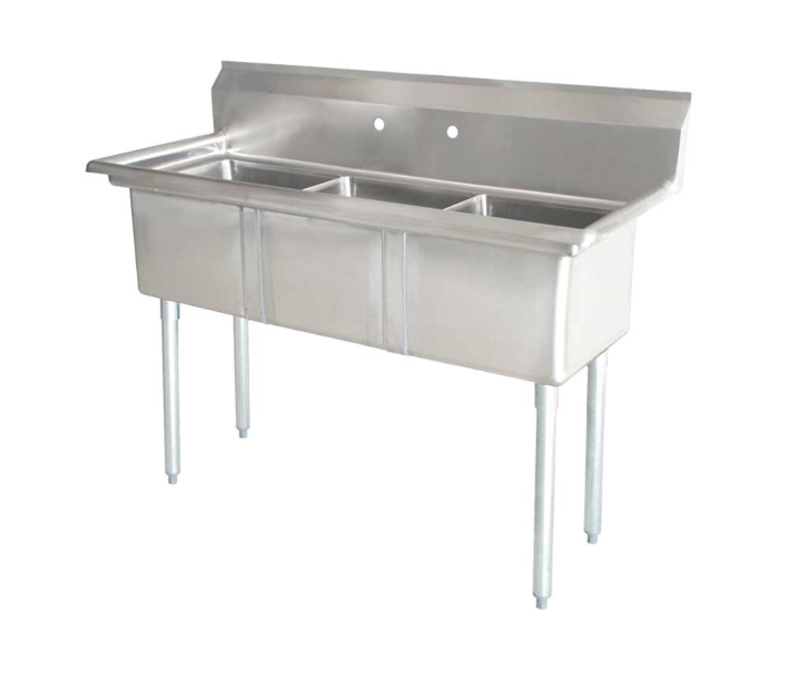 Zanduco 90" 18-Gauge Three Compartment Stainless Steel Sink with 1.8" Corner Drain and No Drain Board - 18"x 21"x 14" Bowl - USA