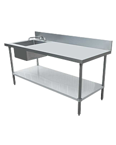 Zanduco 30" Depth Stainless Steel Table with Left Sink, Galvanized Undershelf, and 6" Backsplash with Faucet