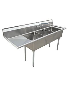 Zanduco 18-Gauge Stainless Steel Three Tub Sink with Corner Drain - Drainboard options available